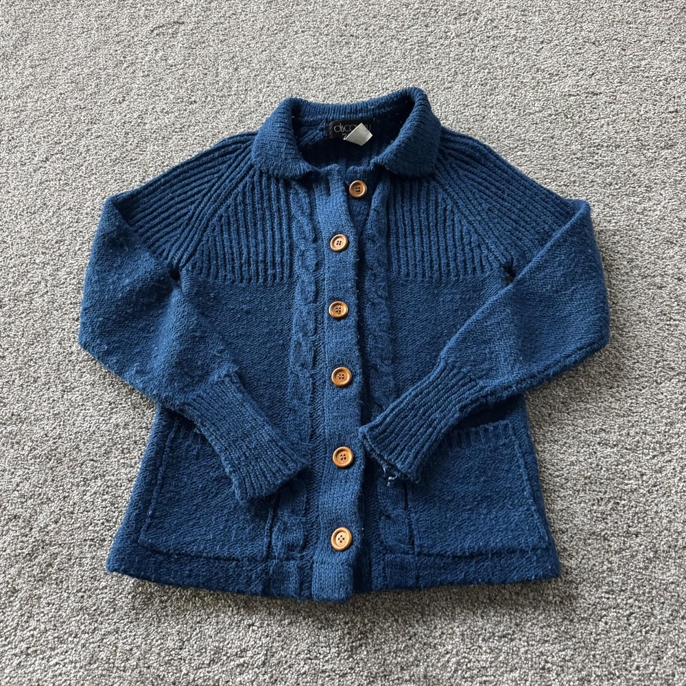 Discovery Cardigan Sweater Womens Medium Blue Collared Cable-Knit Button Pockets